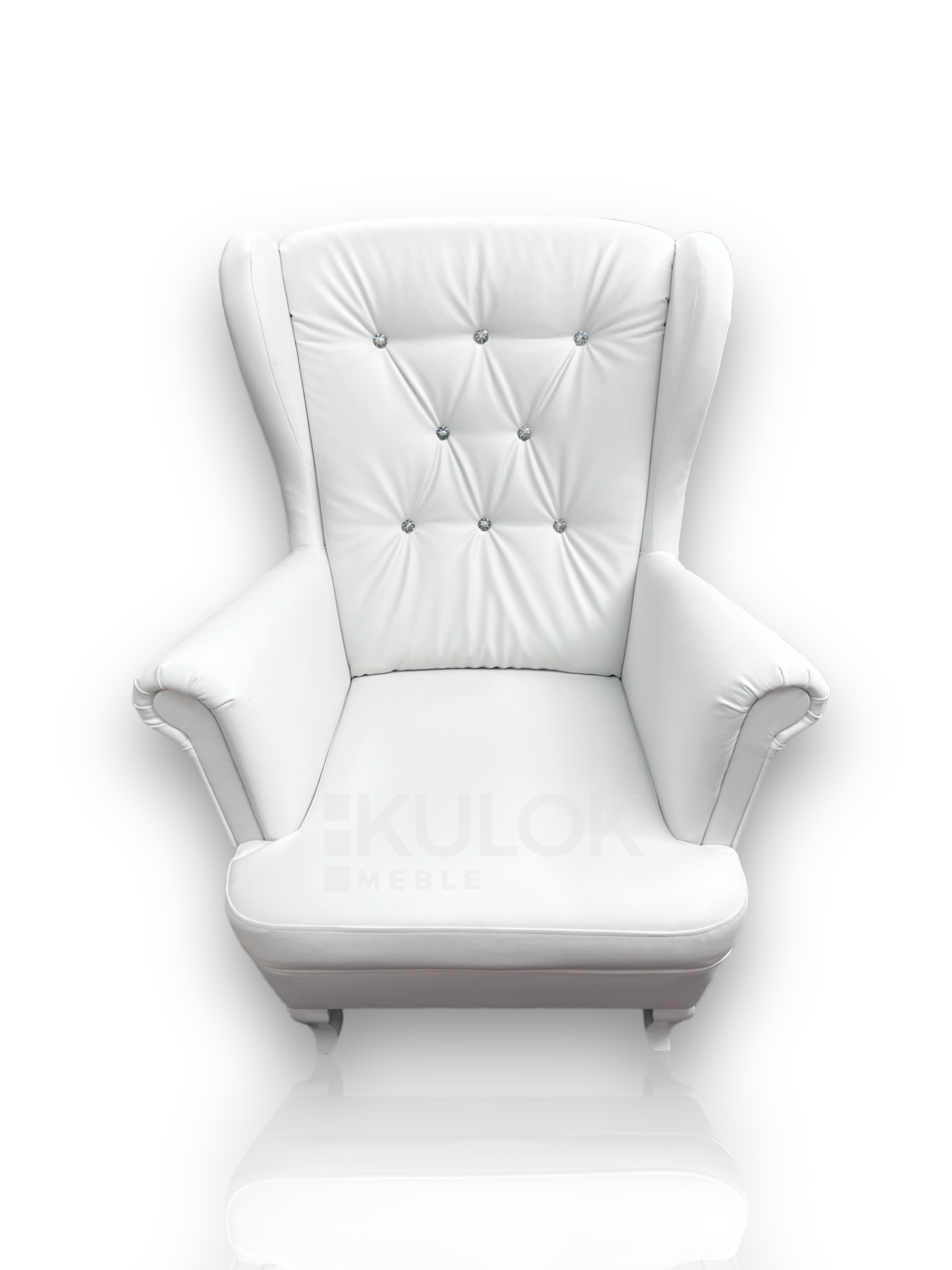 Biały Fotel uszak skóra Eco z glamour pikowaniem kryształkami i Ludwik nogi białe